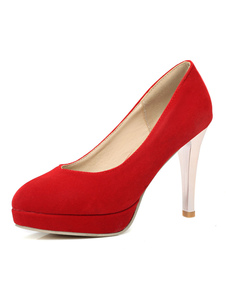Rouge suédé talons plateforme féminine ronde Toe Slip sur pompes talon aiguille