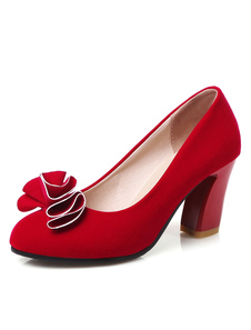 Suédé talons Chunky rouge ronde Toe fleur perlée feuillet sur les pompes pour les femmes