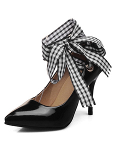 Talons hauts noir Black a souligné Toe Slip sur carreaux lacets cheville sangle pompes pour les femm