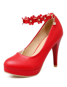 Talons hauts rouge plate-forme ronde Toe fleurs perlé cheville Strap pompe chaussures femme