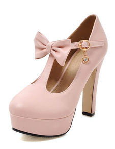 Rose les chaussures à talons hauts talons plateforme féminine ronde Toe T Type Bandage Bow