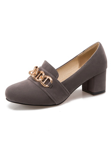 Suédé talons Chunky gris Round Toe détail métal Slip sur les pompes pour les femmes