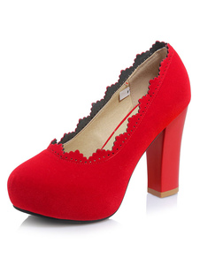 Plate-forme Suede talons hauts rouge ronde Toe Slip sur pompes talon Chunky