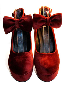 Velours rouge talons plateforme féminine ronde Toe Bow Slip sur pompes talon Chunky