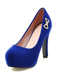Orteil rond bleu strass Bow feuillet plate-forme Blue Suede haut talon féminin sur les pompes