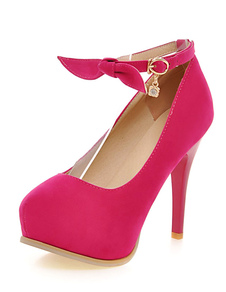 Talons hauts plateformes daim Rose rouge ronde Toe Bow cheville Strap Pumps