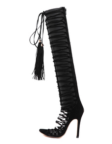 Sandale noir bottes talons bout ouvert lacets sandale haute bottes avec des glands