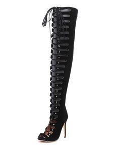 Plus sexy les bottes Knee High Heel Black Peep Toe découpe lacent vers le haut de hautes bottes
