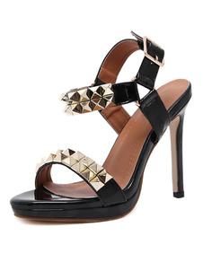Chaussures à talons hauts sandales bout ouvert noir Rivets perlé talon aiguille Sandal