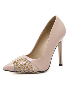 Bout pointu talons hauts abricot féminin perles Slip sur pompes talon aiguille