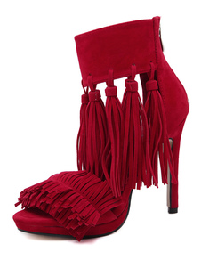 Open Toe talon aiguille sandales Chaussures robe rouge sandales à talons hauts féminin avec des glan