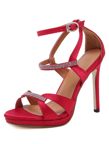 Robe rouge sandales talon haut strass perles Découpez cheville Strap Sandal chaussures pour femmes