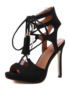 Robe noire sandales haut talon Peep Toe découpe lacent vers le haut de chaussures sandale talon aigu