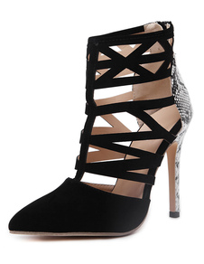 Talons hauts noirs a souligné Toe Cut dehors serpent imprimé chaussures talon aiguille