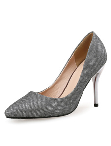 Paillettes, chaussures talon haut bout pointu gris argent Slip sur talon aiguille pompes le soir