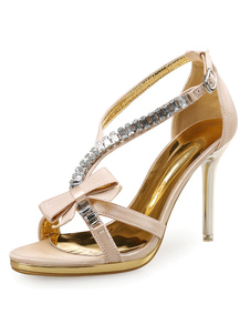 Robe abricot sandales strass Bow sangle réglable sandale chaussures à talons hauts pour femmes