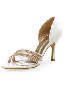 Robe blanche sandales talon haut strass perles Slip On chaussures sandale