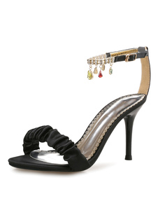 Strass de robe noire haut talon sandales perles cheville sangle talon aiguille sandales Chaussures