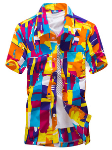 Color Block Short Sleeve Summer Beach Shirt orange chemises hawaïenne masculine
