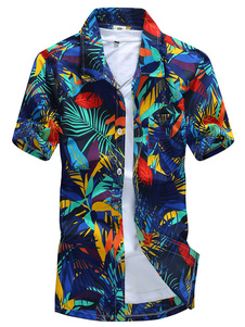 Feuille chemise hawaïenne bleue masculine imprimé chemise courte manches Summer Beach