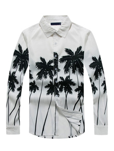 Chemises hawaïenne feuille hommes imprimé chemise longue manche Summer White Beach