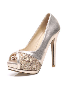 Peep Toe pompes talon haut plateforme or talon aiguille feuillet sur les chaussures pour femmes