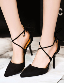 Talons hauts noir Suede a souligné Toe Lace Up chaussures de talon aiguille pour femmes