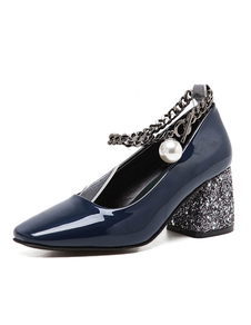 Pailletés Chunky talons Dark Navy Square Toe cheville Strap pompe chaussures pour femmes