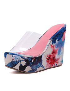 Sandale pantoufles Transparent Peep Toe Wedge imprimé bleu Backless sandale chaussures femme