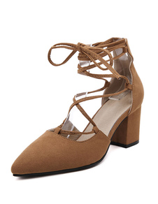 Daim marron talons Chunky a souligné Toe Lace Up chaussures à talons hauts pour femmes