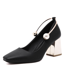 Chunky noir talons pieds carrés Perles métal détail Slip femmes sur les pompes
