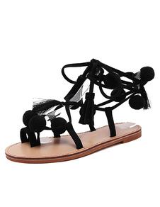 Noir lacets de sandales plates boucle piquée cheville Strap Sandal chaussures à pompons