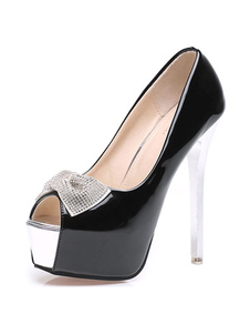 Plate-forme Bow talon aiguille Slip de la femme noir talons Peep Toe sur les pompes