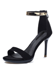 Métal détail cheville Strap Sandal chaussures de robe noire sandales à talons hauts femme