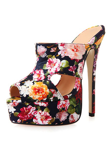 Floral Mules chaussures Peep feuillet imprimé talon haut plateforme féminine sur sandales
