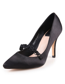 Black Satin talons a souligné Toe fleur perlée Mary Jane chaussures