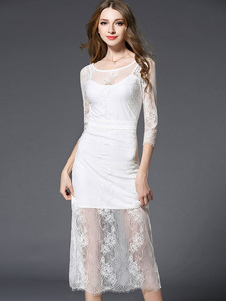 Dentelle blanche robe Illusion tour Manche 3/4 longueur manches semi Sheer Backless robe longue pour