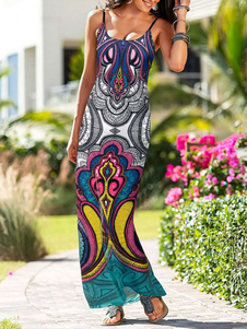 Boho Maxi robe multicolore chasuble sans manches imprimé robe longue pour les femmes