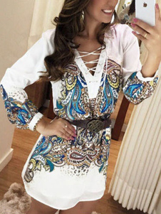 V cou manches longues lacets Boho White robe féminine imprimé une robe courte ligne