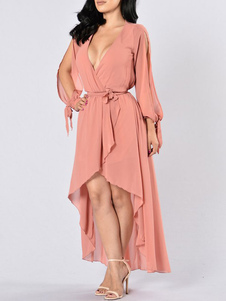 Mousseline de soie robe Maxi Blush rose V cou manches longues épaule ouverte haute basse fente longu