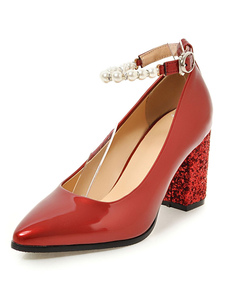 Talons rouges de Chunky bout pointu perles Perles cheville Strap pompe chaussures pour femmes