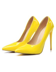 Talons jaune bout pointu talon aiguille feuillet femmes sur les pompes