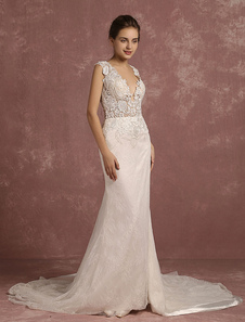 Sirène mariage robe col v Illusion dentelle perles Chaple Train robe de mariée