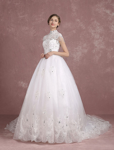 Traîne cathédrale robe dentelle appliques Illusion col court manchon mariée robe strass perles princ