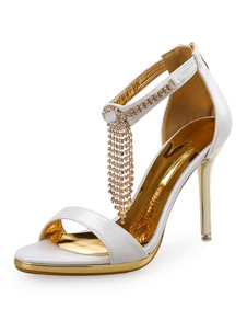 Chaussures à bout ouvert à talons aigus en tissu argent avec frange et zip