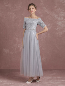 Robe énigmatique de soirée A-ligne en tulle gris avec chaîne hors de l'épaule longueur plancher