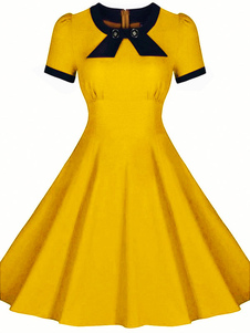 Robe vintage rétro unicolore élastique col rond