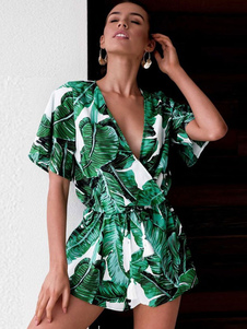 Women Green Romper Tropical Print V Neck Short Sleeve Summer Playsuit thumbnail