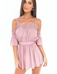 Women's White Romper Boho Strappy Half Sleeve Cold Shoulder Slim Fit Loose Leg Playsuit thumbnail