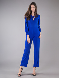Women Blue Jumpsuit Long Sleeve V Neck Lace Up Wide Leg Jumpsuit thumbnail
